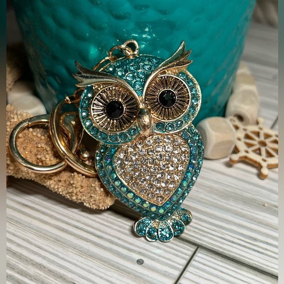 NEW Rhinestone Owl Key Chain/Bag Charm, Teal/Blue on Gold Toned Zinc Alloy - Picture 1 of 6